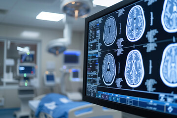 An intensive care unit performs tomographic analysis of brain of comatose patient AI Generation