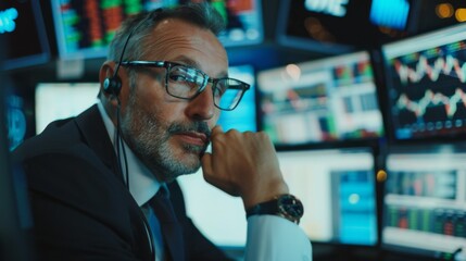 Portrait of Professional Middle Aged Trader Working on a Stock Exchange. Stylish Adult Man Communicating Buy and Sell Orders on a Call and Showing Hand Signals to an Arbitrage Broker