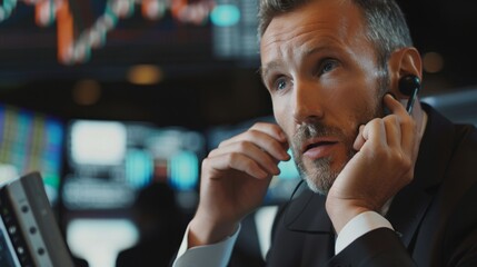 Portrait of Professional Middle Aged Trader Working on a Stock Exchange. Stylish Adult Man Communicating Buy and Sell Orders on a Call and Showing Hand Signals to an Arbitrage Broker