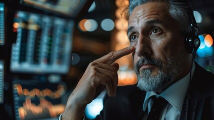 Portrait of Professional Middle Aged Trader Working on a Stock Exchange. Stylish Adult Man Communicating Buy and Sell Orders on a Call and Showing Hand Signals to an Arbitrage Broker