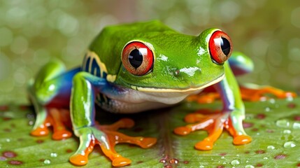 Fototapeta premium Red eyed amazon tree frog on palm leaf in lush rainforest, vibrant wildlife in its natural habitat.