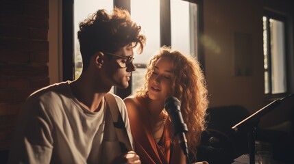 Two young people enjoying singing with microphones performing a song. Man and woman singers