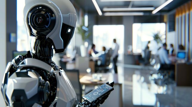 A photorealistic image of a sleek, humanoid robot in a busy corporate office, sending SMS messages on a futuristic phone, employees in the background