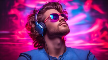 Young man wearing headphones listening to music on neon background