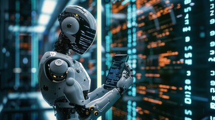 A self-awareness mobile phone, resembling a robot in appearance, with complex algorithms and codes displayed on the screen,
