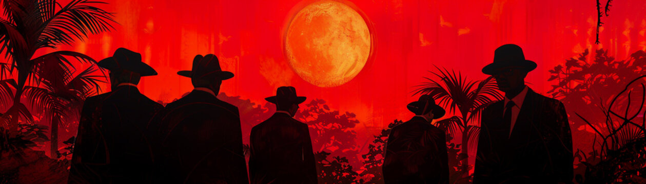 Mafia silhouettes under a lunar eclipse a backdrop of coral reefs and quantum patterns blending danger with beauty