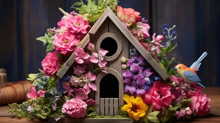 Fototapeta na wymiar garden birdhouse flowers