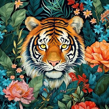 Tiger head closeup in jungle among tropical flowers and foliage, watercolor composition image for wallpaper, cards, magazines and books, bright poster Generative AI