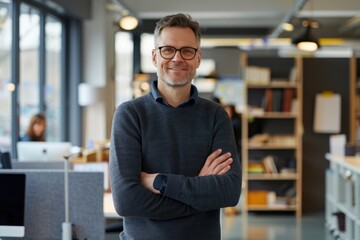 Fototapeta premium portrait of a smiling man, standing in hero-pose, head in shoulders in frame, standing for a officeroom, 