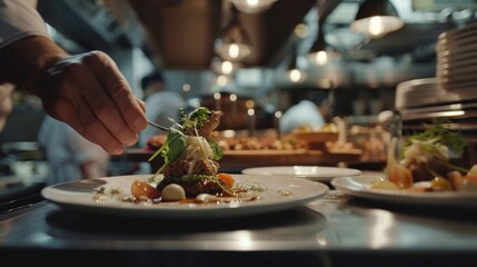 A chef arranges a dish before serving it at a restaurant