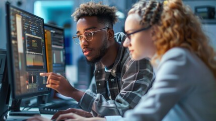 Concept of information technology. Young people, scientists, have a discussion. Artificial intelligence for business. Personal data protection on the Internet, Internet security