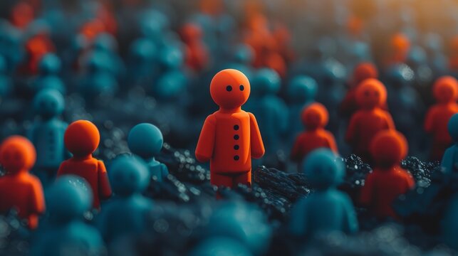 Distinct Red Figure Emerges as a Leader in a Sea of Blue Followers