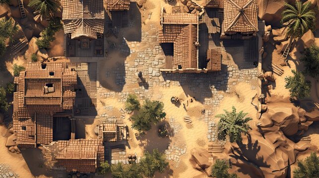 RPG battle desert map. Fantasy battlefield illustration, cartography medieval town location. Hobby roleplaying. AI generated