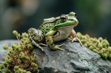 A vibrant green true frog sits peacefully on a moss-covered rock in the great outdoors, blending seamlessly with its surroundings as it basks in the warm sunlight