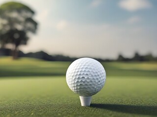A white golf ball poised for play on the lush greenery of a golf course, set against the backdrop of a stunningly blurred landscape under the clear, bright daylight