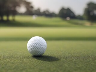 A white golf ball poised for play on the lush greenery of a golf course, set against the backdrop of a stunningly blurred landscape under the clear, bright daylight