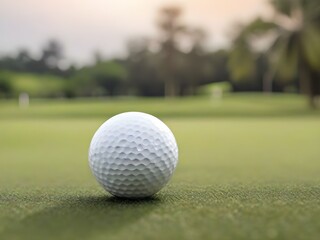 A white golf ball poised for play on the lush greenery of a golf course, set against the backdrop of a stunningly blurred landscape under the clear, bright daylight