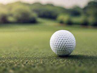 A white golf ball poised for play on the lush greenery of a golf course, set against the backdrop of a stunningly blurred landscape under the clear, bright daylight