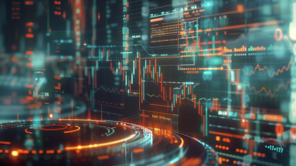 financial analysis data flowing through a futuristic interface, with graphs, charts, and holographic displays representing business audit, stock analysis, and marketing strategy.