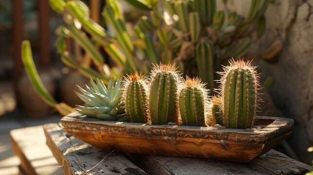 A potted succulent in a wooden planter basking in natural light outdoors.