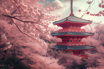 Around traditional japanese red pagoda with blossom sakura cherry trees in spring Generative AI