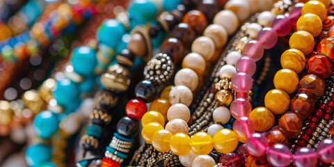 Detailed shot of a variety of vibrant bracelets adorned with various accessories. - obrazy, fototapety, plakaty