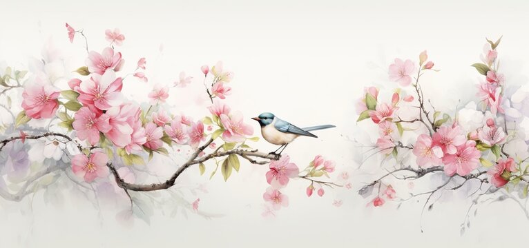 Watercolor floral illustration, cute bird on cherry blossom branches, spring pink sakura blossom flower border on abstract pastel background for wedding and greeting cards, composition Generative AI
