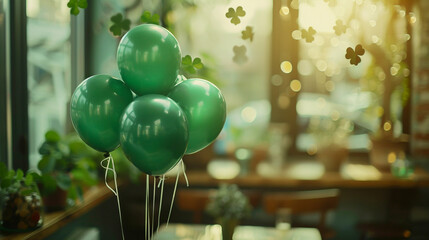 Celebrate St Patricks Day Irish balloons green hues clover and gold coins adorn the scene ready for your festive message - obrazy, fototapety, plakaty