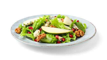 Delicious pear salad with lettuce, blue cheese, pomegranate and walnuts isolated on white