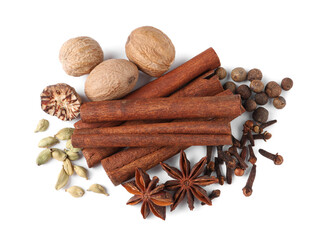 Different spices on white background, top view