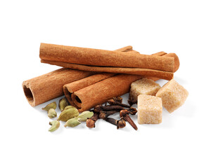 Many different aromatic spices on white background