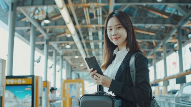 a 30 year old business white women travel for business with her luggage in station,