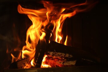 Bonfire with burning firewood on dark background, closeup