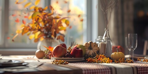 Autumn still life in honor of Thanksgiving, lunch and dinner in the family. With Generative AI technology