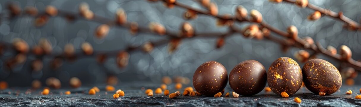 chocolate and easter eggs on black stone, in the style of twisted branches, light gray and dark beige. Generative AI