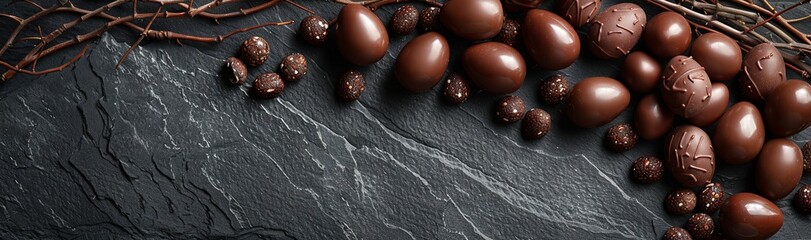 chocolate and easter eggs on black stone, in the style of twisted branches, light gray and dark beige. Generative AI