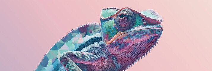chameleon sporting futuristic sunglasses, set against a vibrant solid color panorama. - obrazy, fototapety, plakaty