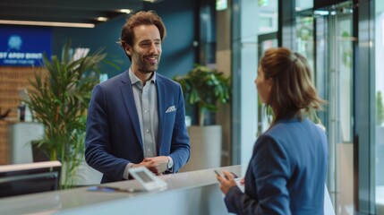 a photo of a male bank employee in a blue suit talking to a female customer inside a modern bank branch.