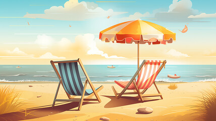 Two beach chairs and a sunshade umbrella on beach tropical vacation with blue sky