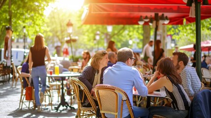 Customers sipping beverages at a bistro during a scorching summer afternoon in France.