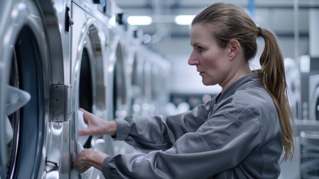 A 40-something European-looking woman in a gray uniform, hair gathered in a ponytail, operates large industrial washing machines.