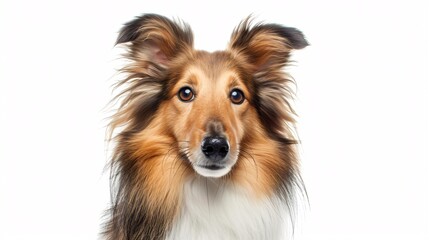 A photograph of a pedigree shetland canine against a blank backdrop. - obrazy, fototapety, plakaty
