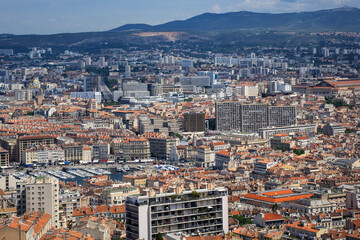 Fototapeta na wymiar Beautiful panoramic view of the city of Marseille. Marseille is the second largest city of France, capital of the Provence-Alpes-Cote d'Azur region. MARSEILLE, FRANCE.