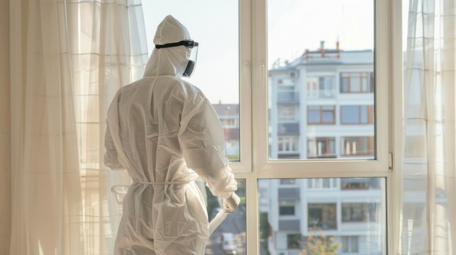 Photography of disinfector in white overalls in an apartment with the necessary equipment in his hands