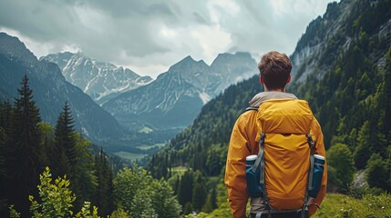 Naklejka premium Handsome young man with backpack hiking in the mountains. Adventurous spirit conquering majestic peaks.