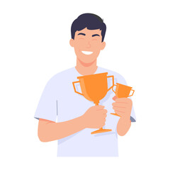Illustration of character man feeling proud and happy with victory. holding trophy in hand. concept of success. Flat design