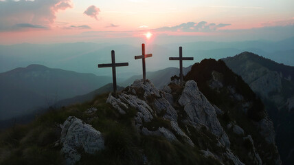 cross at sunset over the mountains - obrazy, fototapety, plakaty