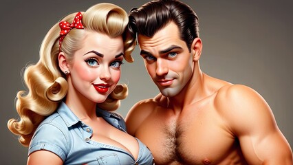 Retro Pin-Up Style Couple in Illustrated Portrait