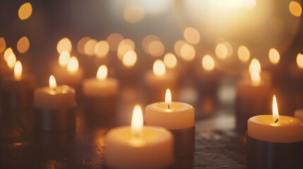 Background with a lot of burning tealight candles. Candlelight vigil, memorial, spiritual atmosphere - obrazy, fototapety, plakaty