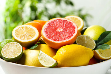 Different fresh citrus fruits and leaves in bowl against blurred background, closeup